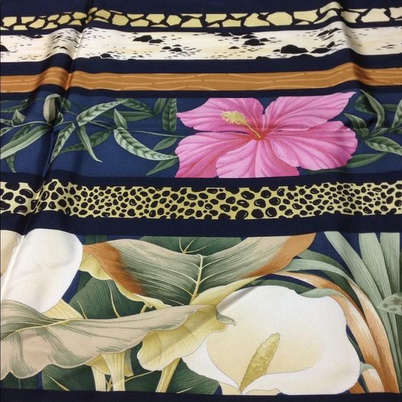 Salvador Ferragamo silk scarf blue boarder with hibiscus and lilies animal print - Picture 10 of 13